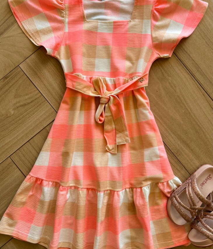 Vestido Infantil Feminino Midi Xadrez com Amarração Fernanda Ramos Kids