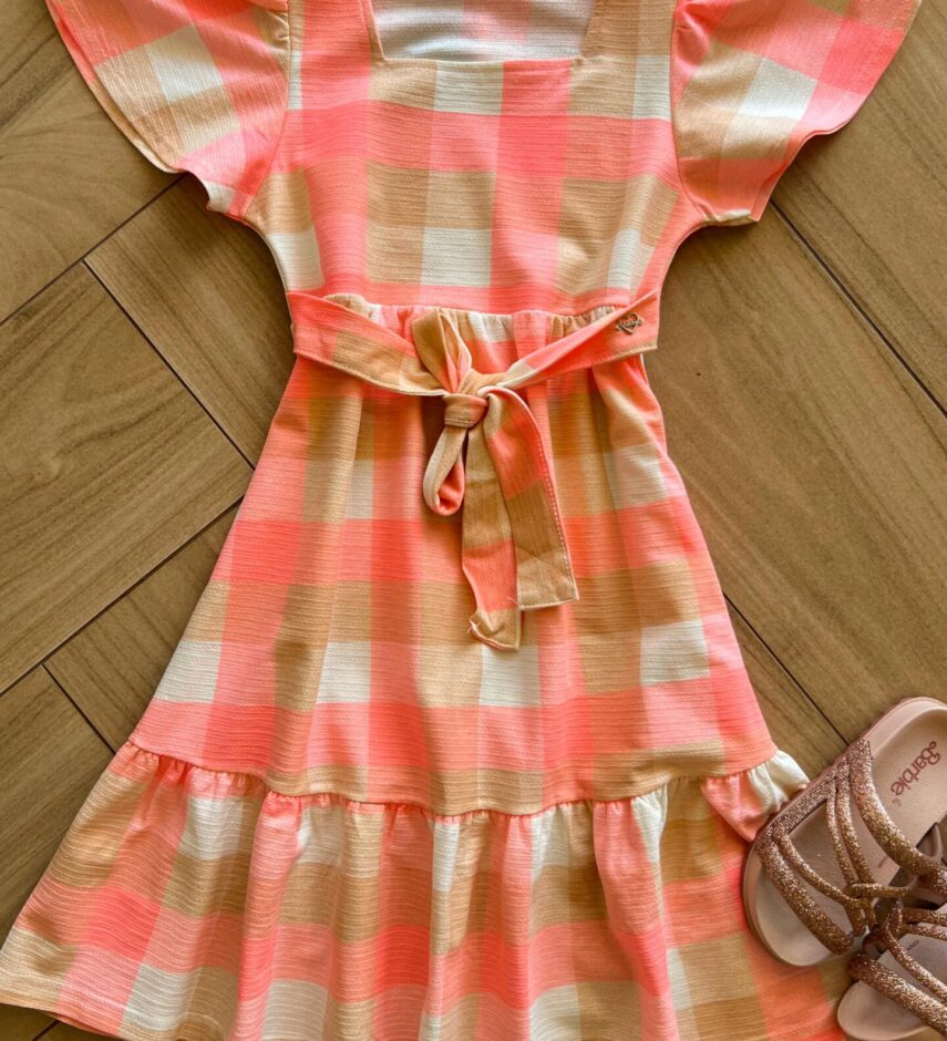 Vestido Infantil Feminino Midi Xadrez com Amarração Fernanda Ramos Kids