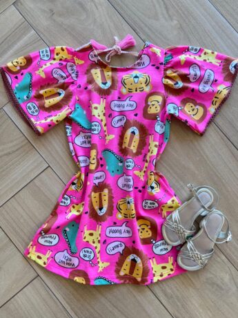 Vestido Infantil Feminino Mundo Animal Rosa Fernanda Ramos Kids