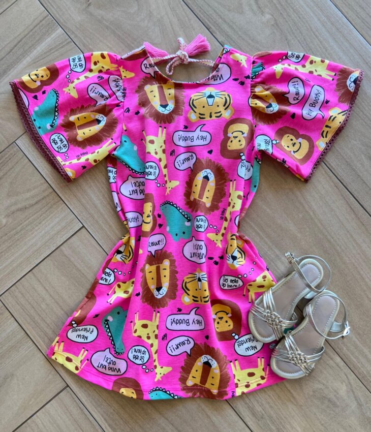 Vestido Infantil Feminino Mundo Animal Rosa Fernanda Ramos Kids
