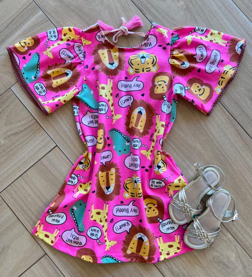 Vestido Infantil Feminino Mundo Animal Rosa Fernanda Ramos Kids