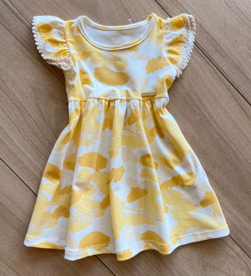 Vestido Infantil Feminino Rodado Amarelo com Detalhe nas Mangas da Fernanda Ramos Kids