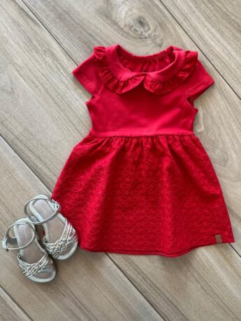 Vestido Infantil Feminino Rodado com Bordado Vermelho Fernanda Ramos Kids