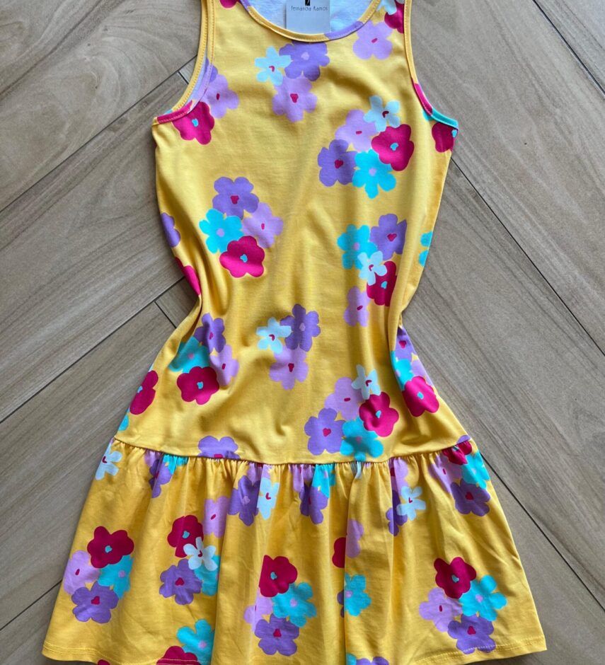 Vestido Infantil Feminino Rodado com Flores Amarelo Fernanda Ramos Kids