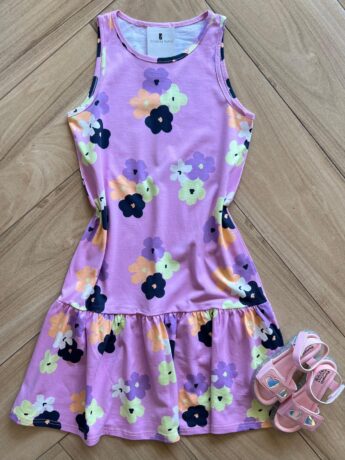 Vestido Infantil Feminino Rodado com Flores Lilás Fernanda Ramos Kids