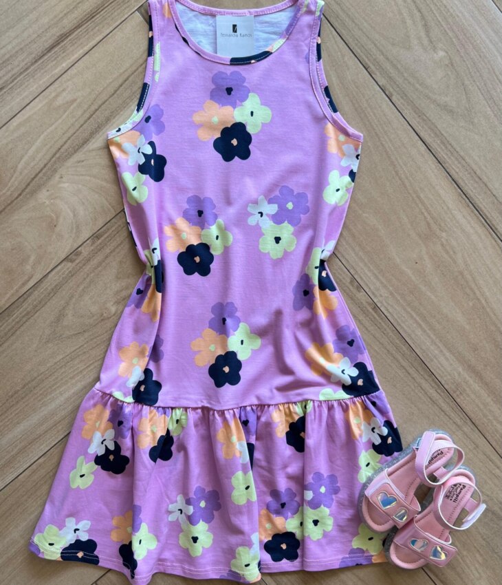 Vestido Infantil Feminino Rodado com Flores Lilás Fernanda Ramos Kids