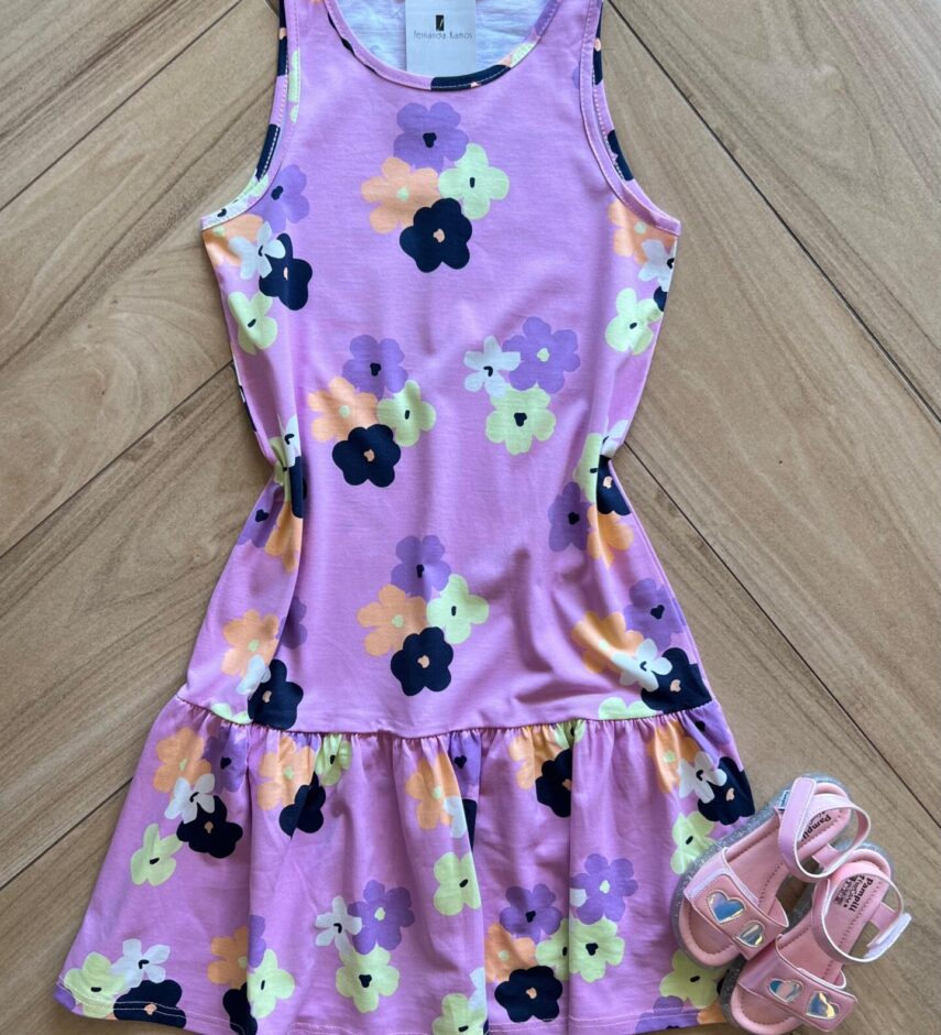 Vestido Infantil Feminino Rodado com Flores Lilás Fernanda Ramos Kids