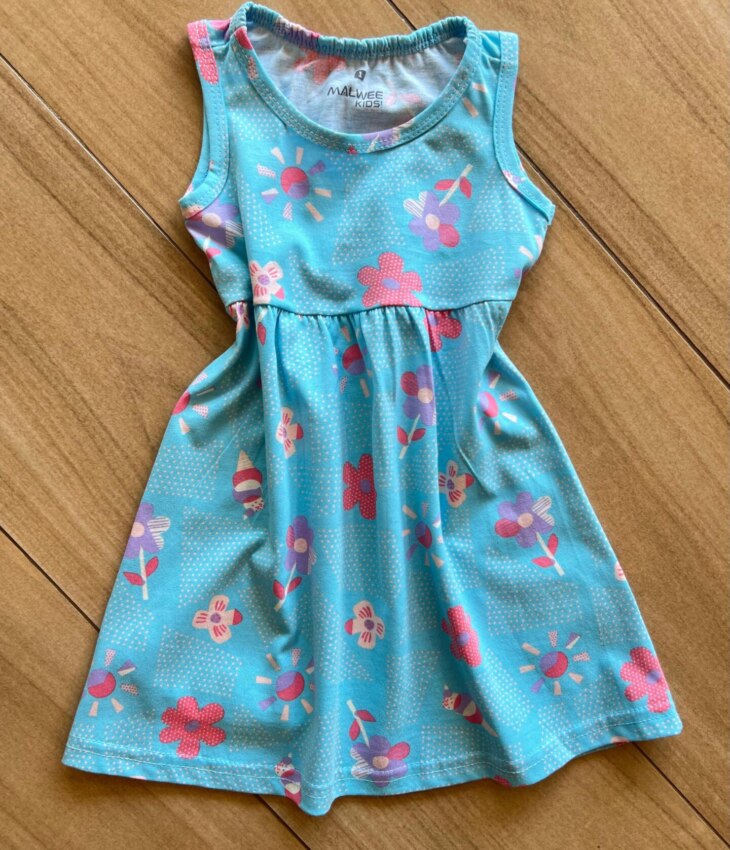Vestido Infantil Feminino Rodado Estampa Flor Fundo Azul Fernanda Ramos Kids