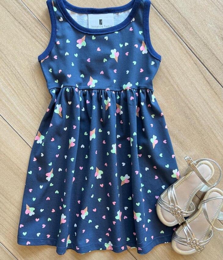 Vestido Infantil Feminino Rodado Estampa Sorvetes de Coração Fernanda Ramos Kids
