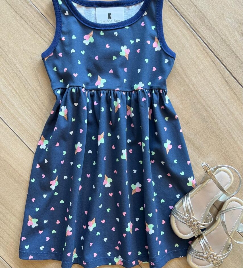Vestido Infantil Feminino Rodado Estampa Sorvetes de Coração Fernanda Ramos Kids