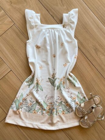 Vestido Infantil Feminino Rodado Flores Bege Fernanda Ramos Kids