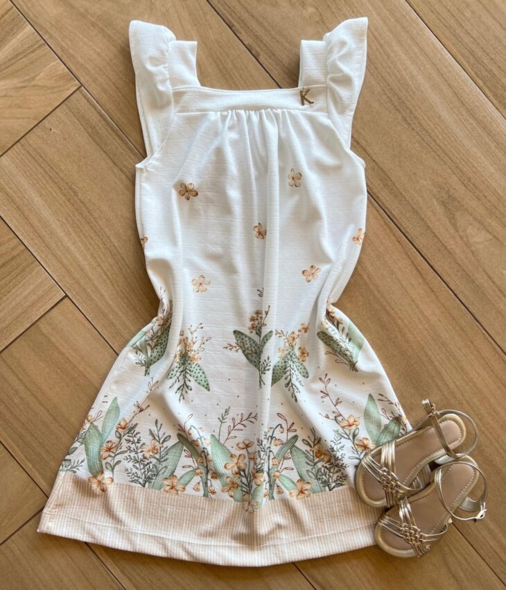 Vestido Infantil Feminino Rodado Flores Bege Fernanda Ramos Kids