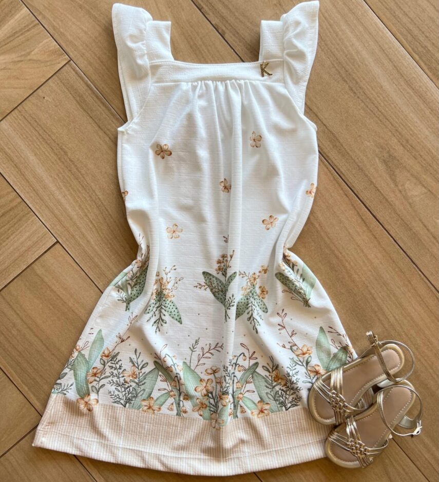 Vestido Infantil Feminino Rodado Flores Bege Fernanda Ramos Kids