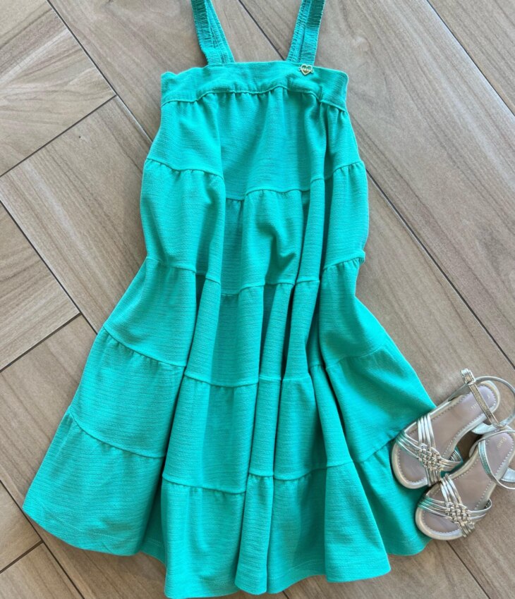 Vestido Infantil Feminino Rodado Verde de Alcinha Fina Fernanda Ramos Kids