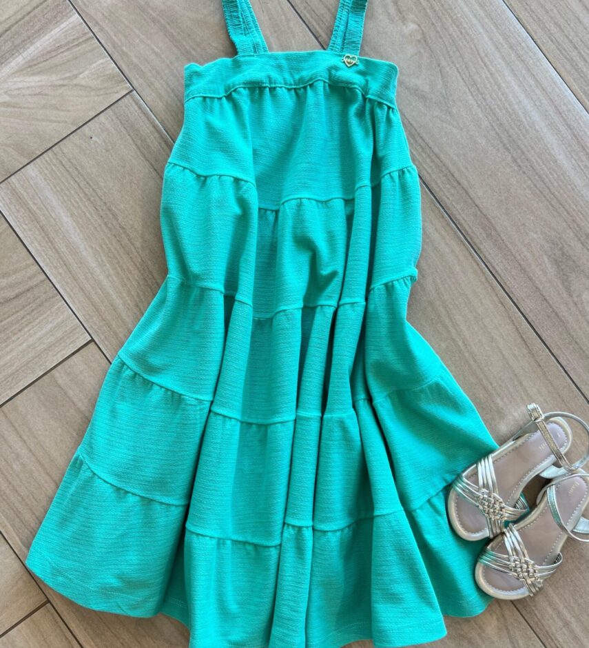 Vestido Infantil Feminino Rodado Verde de Alcinha Fina Fernanda Ramos Kids
