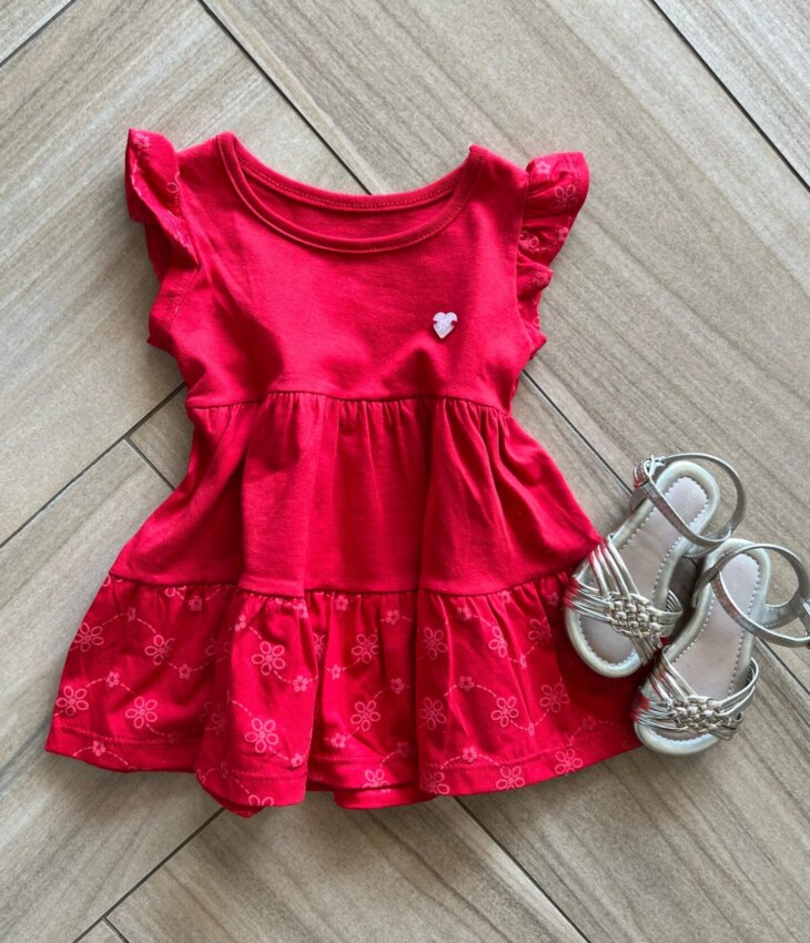 Vestido Infantil Feminino Vermelho com Flores Fernanda Ramos Kids