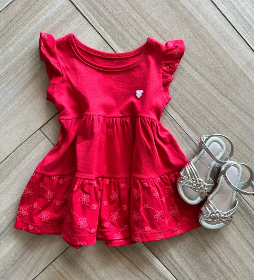 Vestido Infantil Feminino Vermelho com Flores Fernanda Ramos Kids