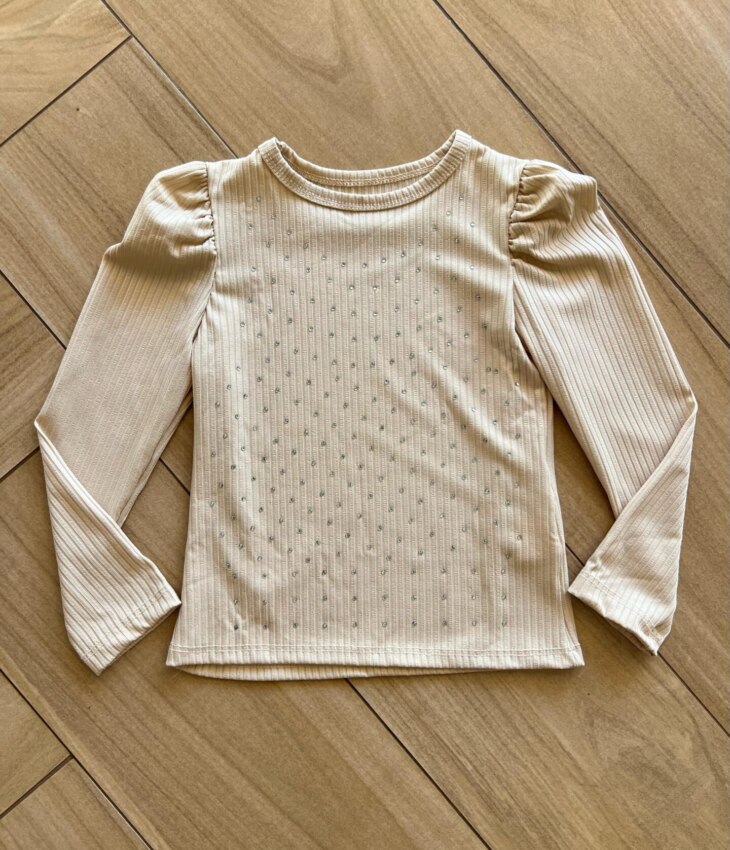 Blusa Infantil Feminina Manga Longa Bufante Bege com Strass Fernanda Ramos Kids