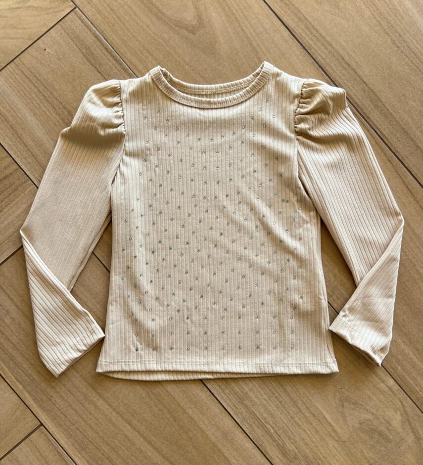 Blusa Infantil Feminina Manga Longa Bufante Bege com Strass Fernanda Ramos Kids
