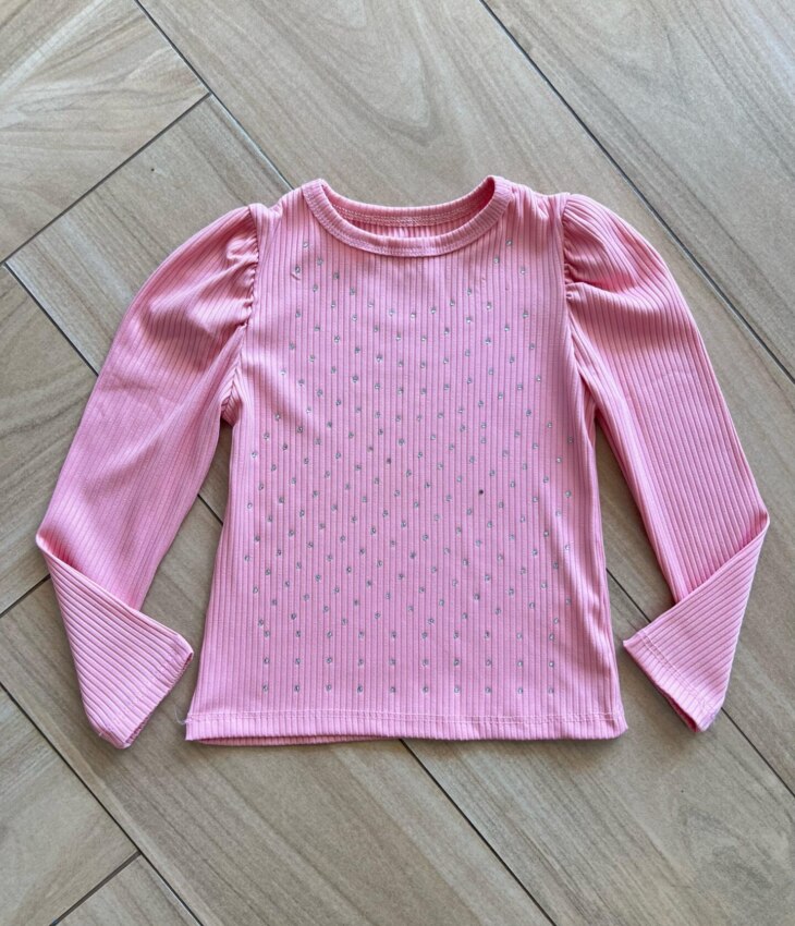 Blusa Infantil Feminina Manga Longa Bufante Rose com Strass Fernanda Ramos Kids