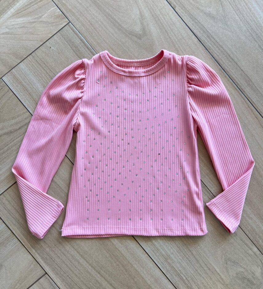 Blusa Infantil Feminina Manga Longa Bufante Rose com Strass Fernanda Ramos Kids