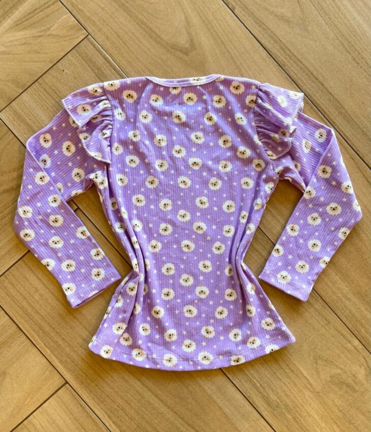 Blusa Manga Longa Infantil Feminina Lilás com Babado Ovelinhas Fernanda Ramos Kids
