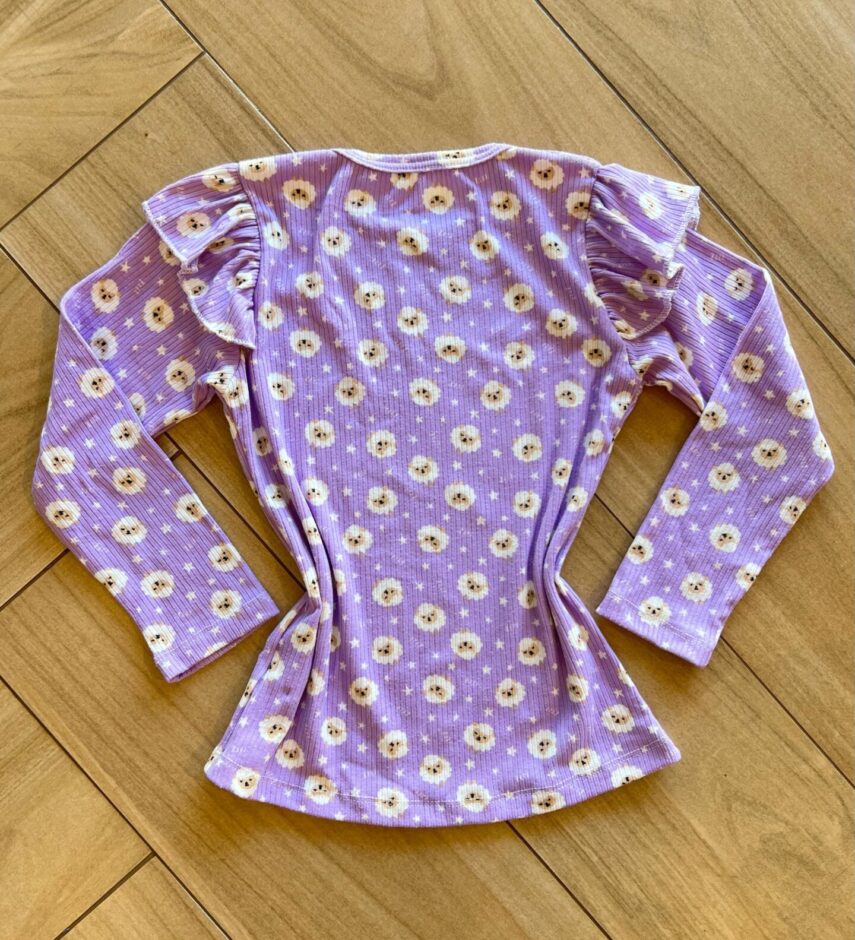 Blusa Manga Longa Infantil Feminina Lilás com Babado Ovelinhas Fernanda Ramos Kids