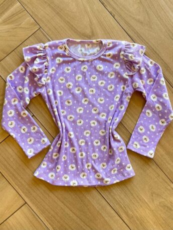 Blusa Manga Longa Infantil Feminina Lilás com Babado Ovelinhas Fernanda Ramos Kids