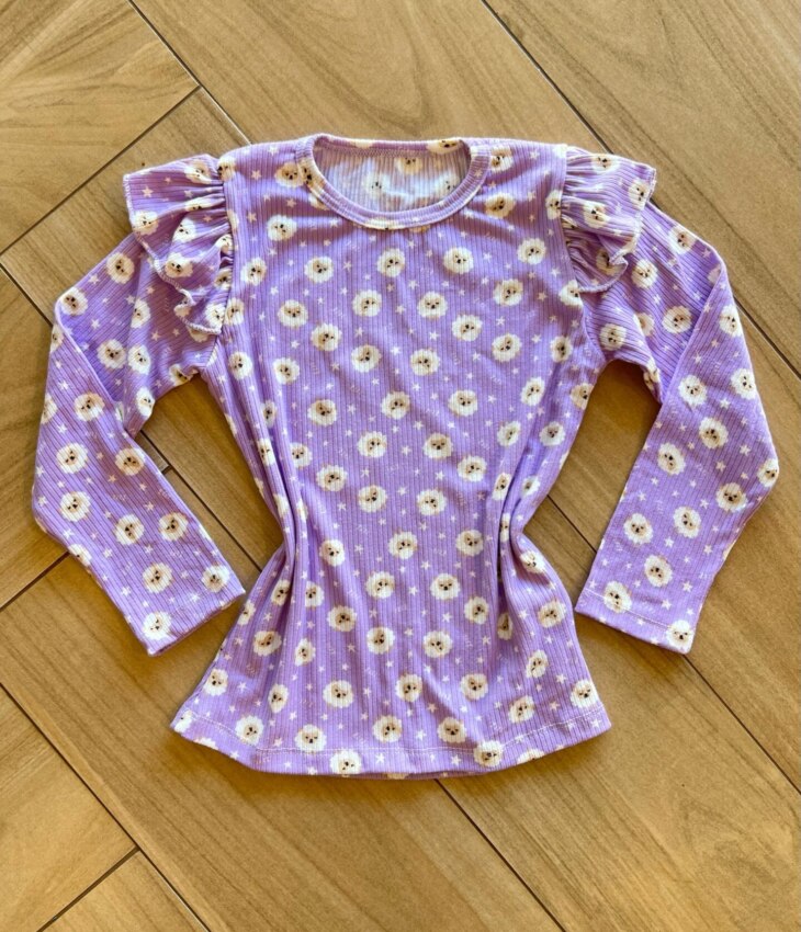 Blusa Manga Longa Infantil Feminina Lilás com Babado Ovelinhas Fernanda Ramos Kids