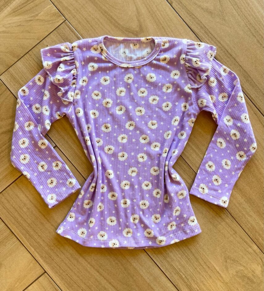 Blusa Manga Longa Infantil Feminina Lilás com Babado Ovelinhas Fernanda Ramos Kids
