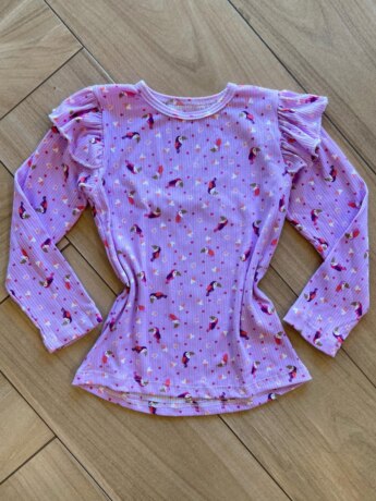 Blusa Manga Longa Infantil Feminina Lilás com Babado Tucanos Fernanda Ramos Kids