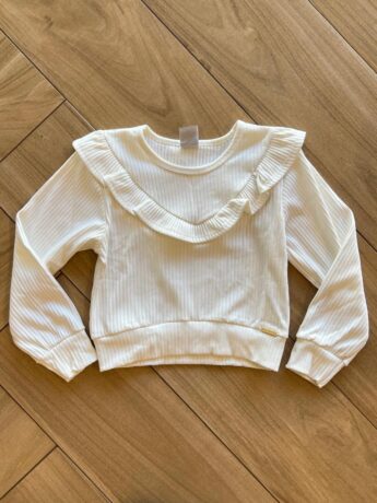 Blusa Manga Longa Infantil Feminina Off White com Babado Canelada Fernanda Ramos Kids