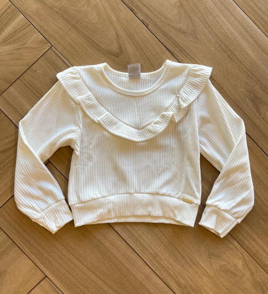 Blusa Manga Longa Infantil Feminina Off White com Babado Canelada Fernanda Ramos Kids