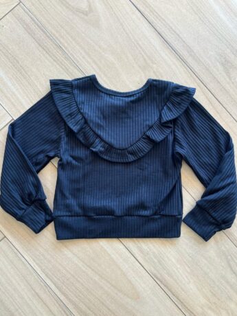 Blusa Manga Longa Infantil Feminina Preta com Babado Canelada Fernanda Ramos Kids