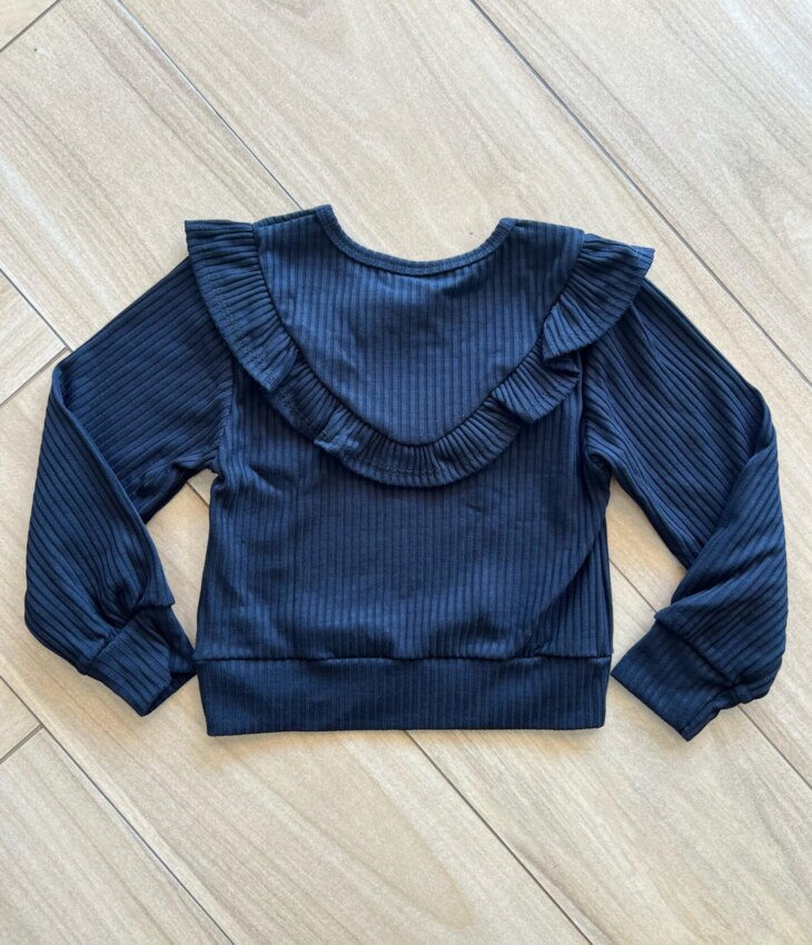 Blusa Manga Longa Infantil Feminina Preta com Babado Canelada Fernanda Ramos Kids