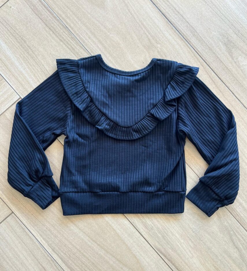 Blusa Manga Longa Infantil Feminina Preta com Babado Canelada Fernanda Ramos Kids