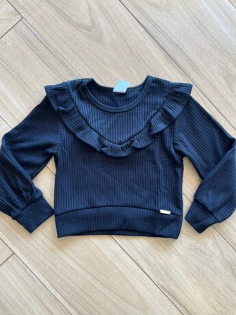 Blusa Manga Longa Infantil Feminina Preta com Babado Canelada Fernanda Ramos Kids