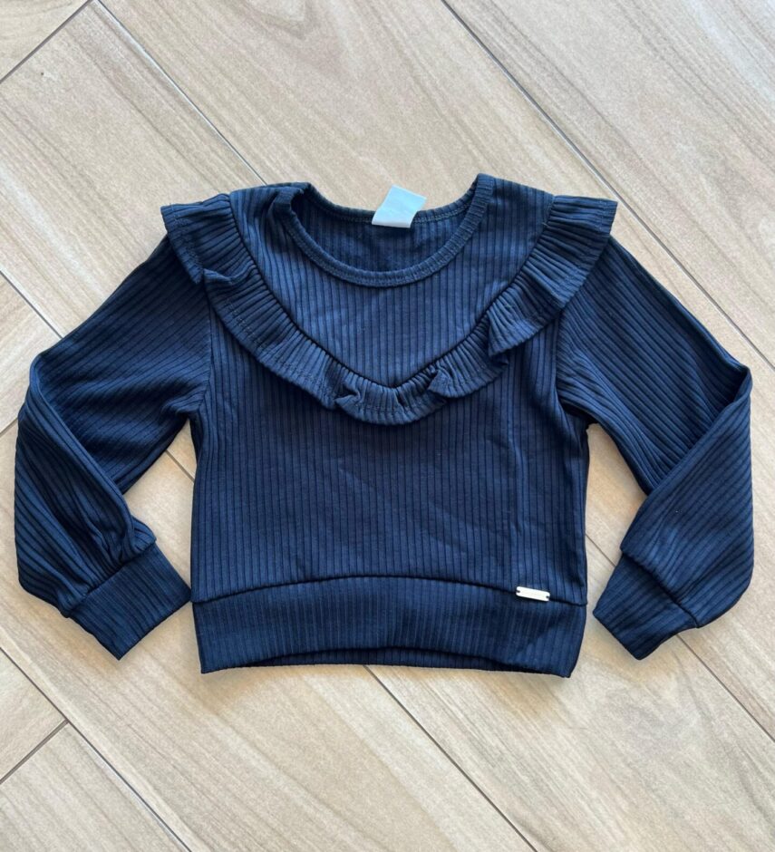 Blusa Manga Longa Infantil Feminina Preta com Babado Canelada Fernanda Ramos Kids