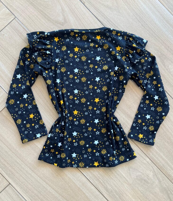 Blusa Manga Longa Infantil Feminina Preta com Babado Estampada Fernanda Ramos Kids