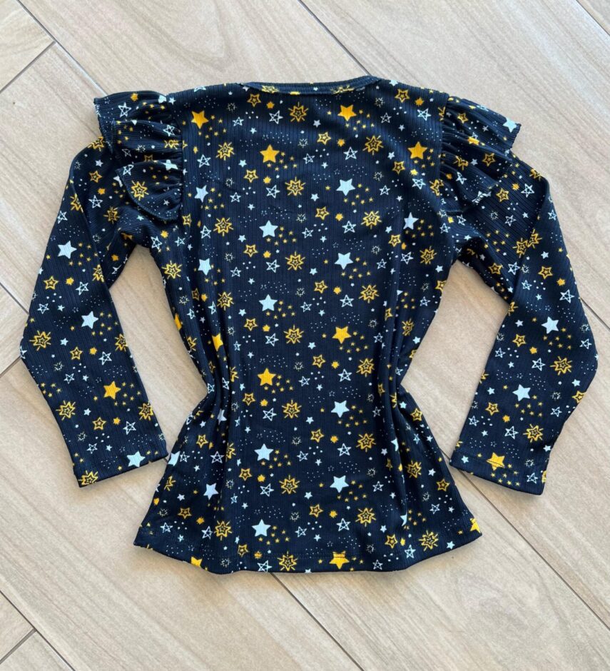 Blusa Manga Longa Infantil Feminina Preta com Babado Estampada Fernanda Ramos Kids
