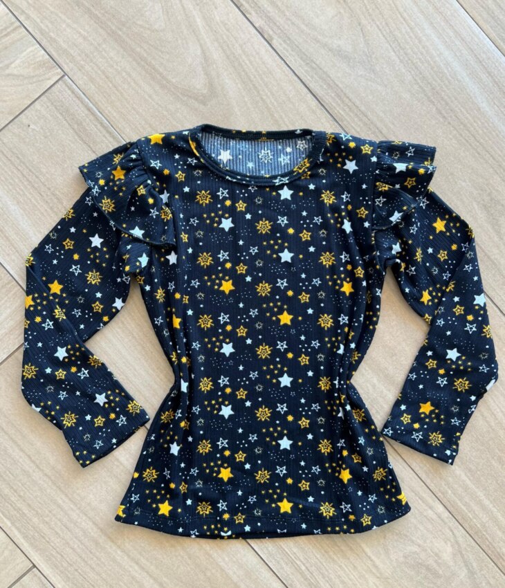 Blusa Manga Longa Infantil Feminina Preta com Babado Estampada Fernanda Ramos Kids