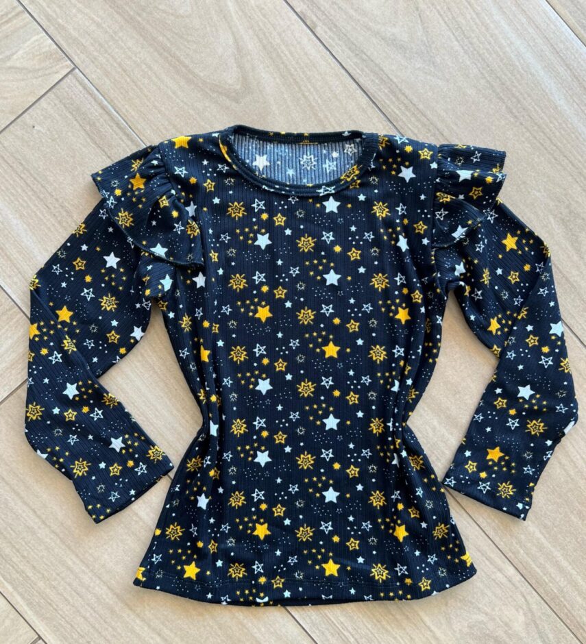 Blusa Manga Longa Infantil Feminina Preta com Babado Estampada Fernanda Ramos Kids