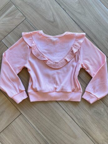 Blusa Manga Longa Infantil Feminina Rosa com Babado Canelada Fernanda Ramos Kids