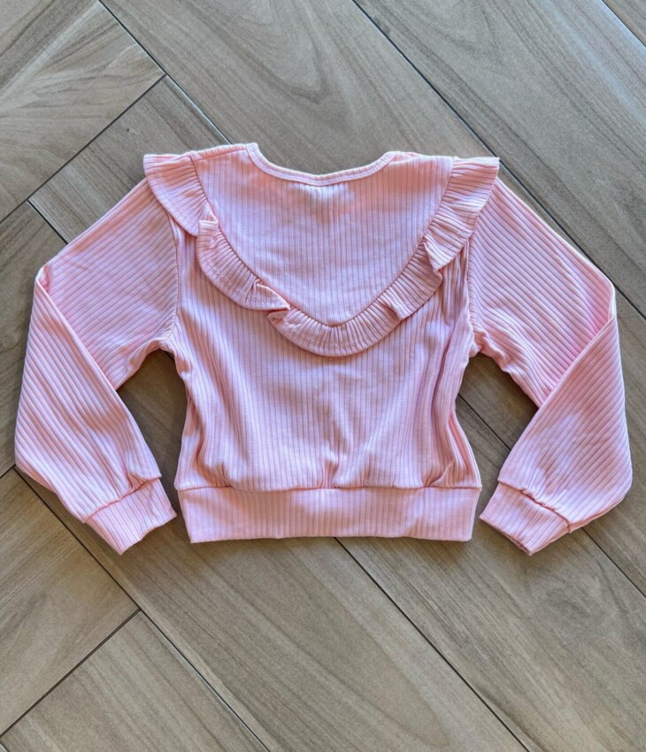 Blusa Manga Longa Infantil Feminina Rosa com Babado Canelada Fernanda Ramos Kids