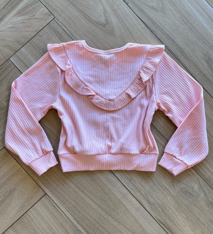 Blusa Manga Longa Infantil Feminina Rosa com Babado Canelada Fernanda Ramos Kids