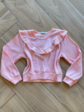 Blusa Manga Longa Infantil Feminina Rosa com Babado Canelada Fernanda Ramos Kids