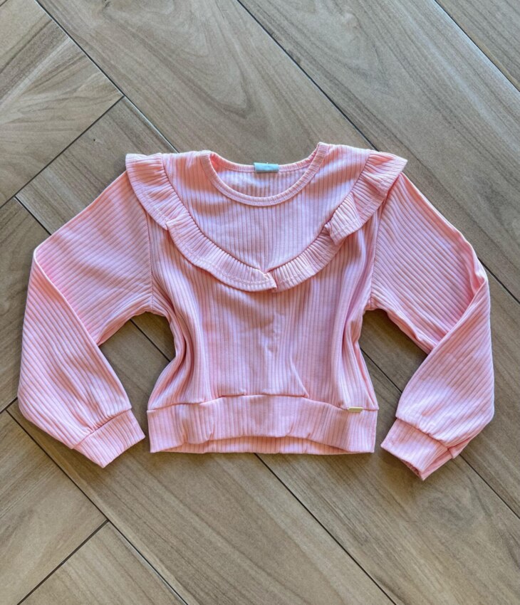 Blusa Manga Longa Infantil Feminina Rosa com Babado Canelada Fernanda Ramos Kids