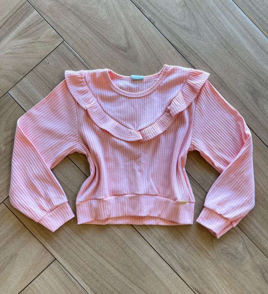 Blusa Manga Longa Infantil Feminina Rosa com Babado Canelada Fernanda Ramos Kids