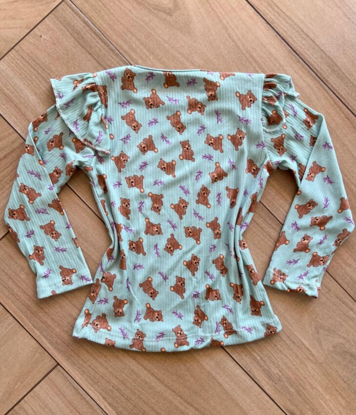 Blusa Manga Longa Infantil Feminina Verde com Babado Ursinho Fernanda Ramos Kids