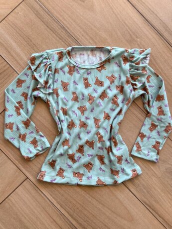 Blusa Manga Longa Infantil Feminina Verde com Babado Ursinho Fernanda Ramos Kids